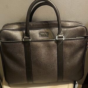 COACH Heritage Check 2-way Slim Briefcase/Laptop Bag, Charcoal/Black, Zip Closur